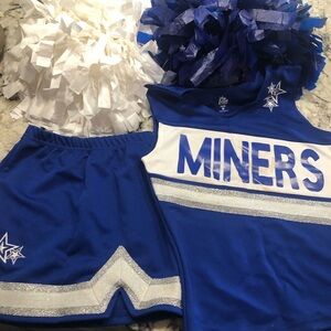 Blue Cheerleading Uniform with Pom Poms size medium youth